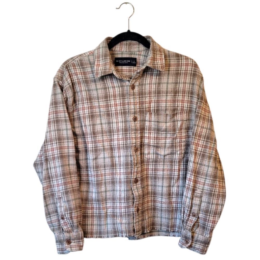 Abercrombie & Fitch Women's Cream Plaid 90s Oversized Plaid Flannel Shirt Size S
